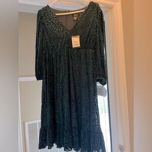 DKNY flowy green velvet long sleeve dress